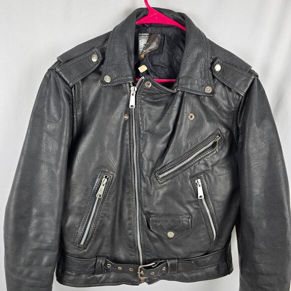 Prime Parts Leather Belted Motorcycle Jacket Men's 42 Black Biker Bomber USA VTG - Picture 9 of 16